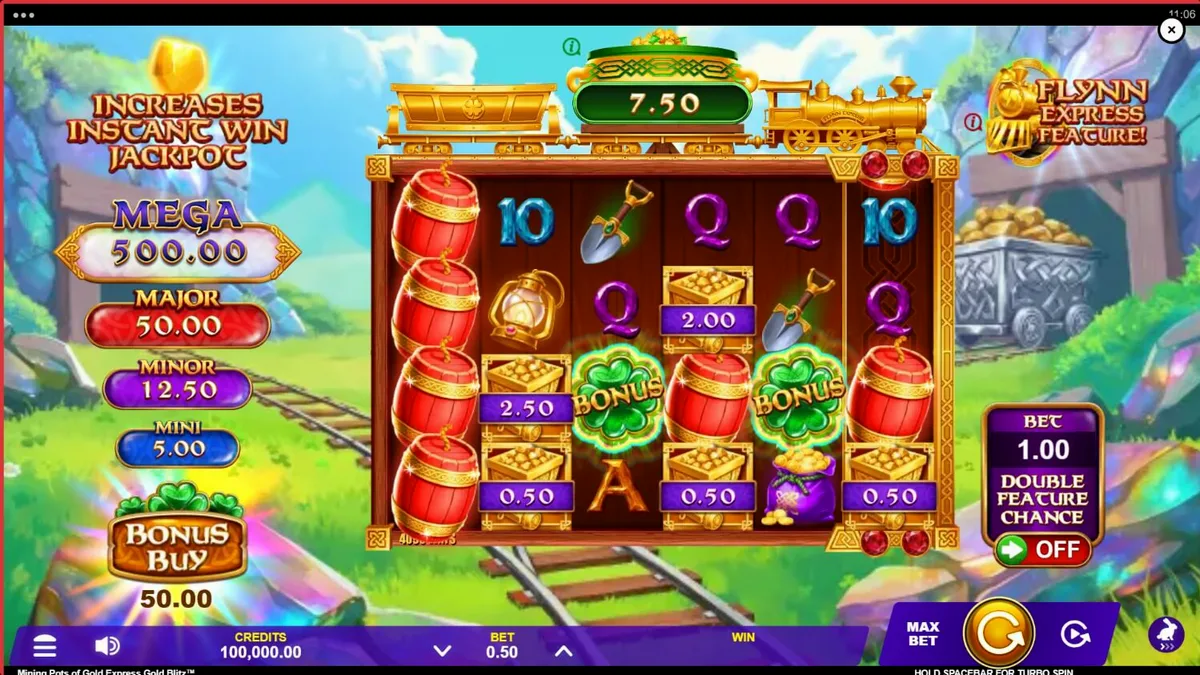 Lucky Lad Flynn berdiri di depan tambang emas dengan rel kereta dan simbol-simbol berkilau dalam slot Mining Pots of Gold Express Gold Blitz.
