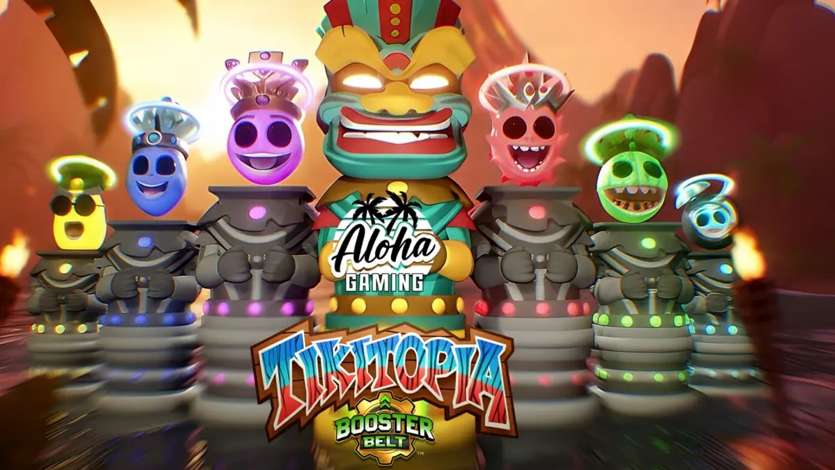 Tikitopia BoosterBelt slot machine interface with tropical totem and fruit symbols